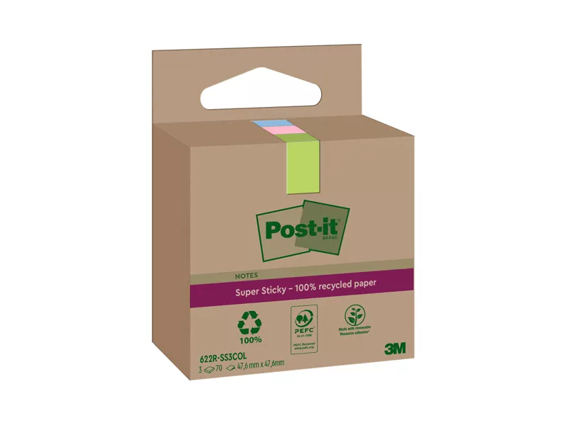 Post-it Notes Super Sticky Green 622R-SS12COL 3M - 47,6x47,6 mm - 7100284577 (Assortiti Pastello Conf. 3)