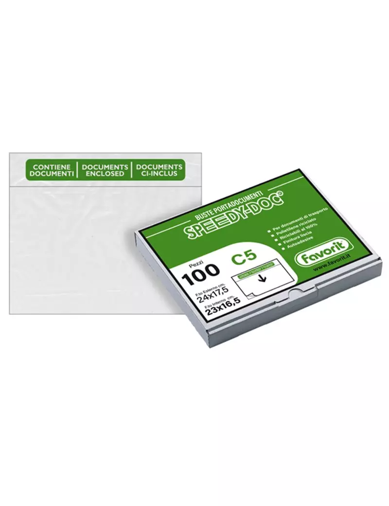 Busta Adesiva Portadocumenti Speedy Doc C5 Favorit - Contiene Documenti - 23x16,5 cm - 100500098 (Trasparente Conf. 100) Busta Adesiva Portadocumenti Speedy Doc C5 Favorit - Contiene Documenti - 23x16,5 cm - 100500098 (Trasparente Conf. 100)