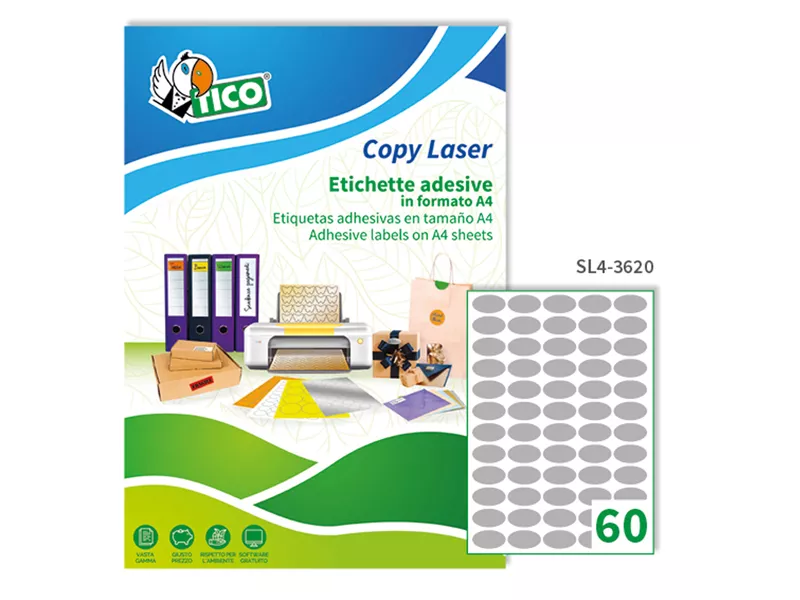 Etichette Adesive Ovali Tico - 36x20 mm - SL4-3620 (Argento Satinato Conf. 100) Etichette Adesive Ovali Tico - 36x20 mm - SL4-3620 (Argento Satinato Conf. 100)