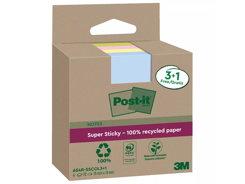 Post-it Notes Super Sticky Green 654R-SSCOL3+1 3M - 76x76 mm - 7100285103 (Giallo Canary Conf. 4)