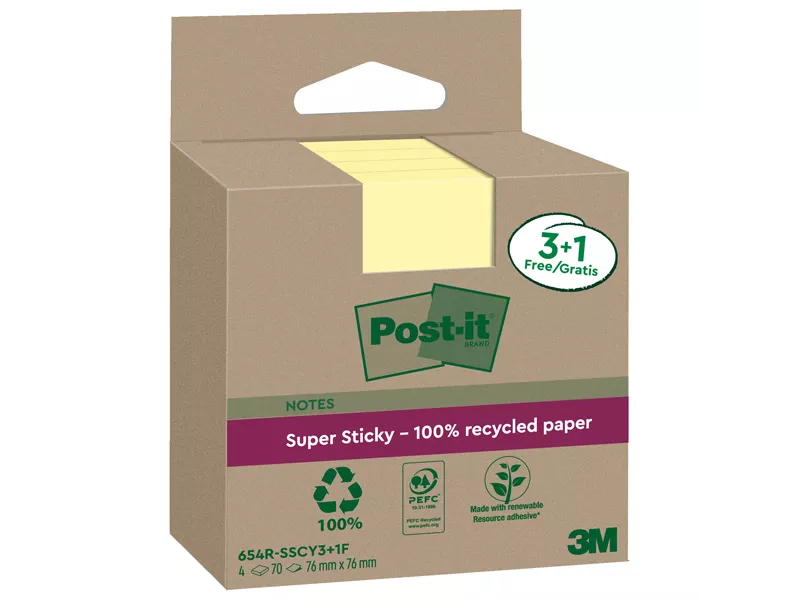 Post-it Notes Super Sticky Green 654R-SSCY3+1 3M - 76x76 mm - 7100285105 (Giallo Canary Conf. 4)