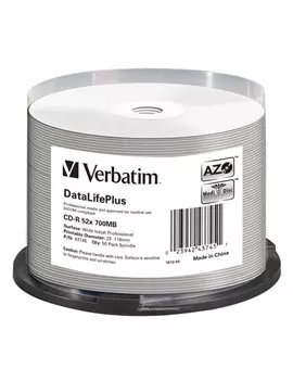 CD-R Verbatim - Spindle - 700 MB - 52x - Data Life Plus AZO - Printable - 43745 (Conf. 50)