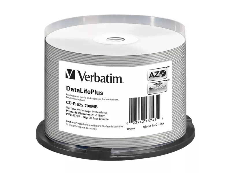 CD-R Verbatim - Spindle - 700 MB - 52x - Data Life Plus AZO - Printable - 43745 (Conf. 50)