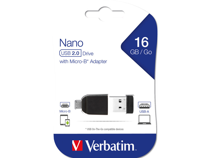 Pen Drive Store'n'Stay Nano Verbatim - con Adattatore OTG Micro USB - USB 2.0 - 16GB - 49821 (Nero) Pen Drive Store'n'Stay Nano Verbatim - con Adattatore OTG Micro USB - USB 2.0 - 16GB - 49821 (Nero)