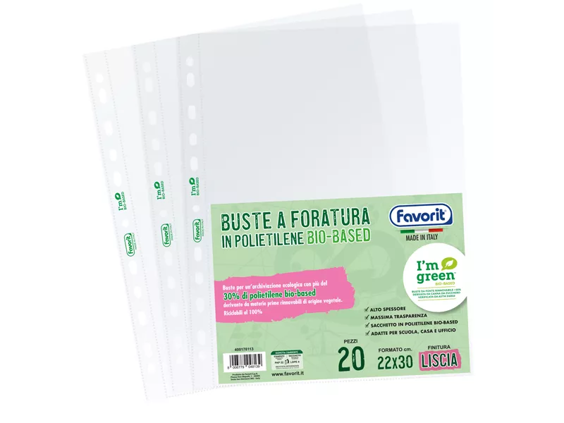 Busta a Perforazione Universale Bio-Based Favorit - 22x30 cm - Liscia Superior - 400178113 (Trasparente Conf. 20)