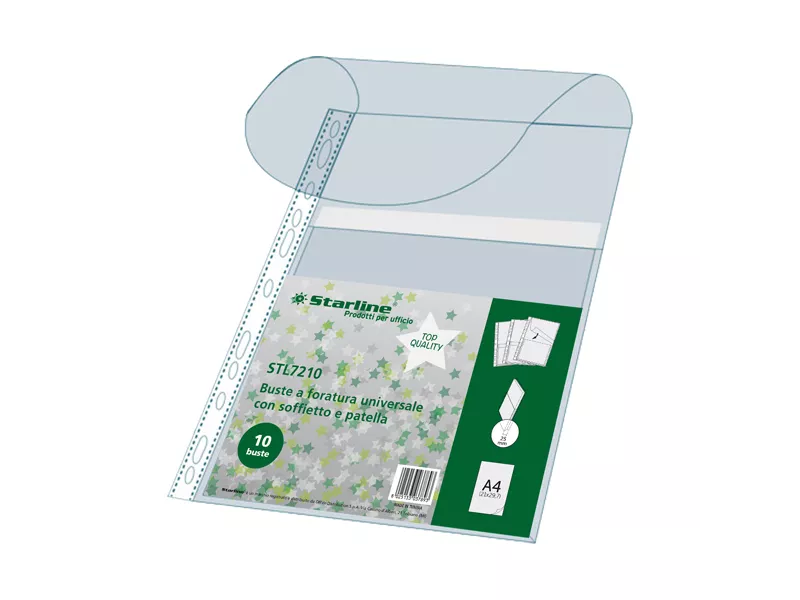 Busta a Perforazione Universale con Soffietto e Patella Starline - 21x30 cm - Liscia Alto Spessore (Trasparente Conf. 10)