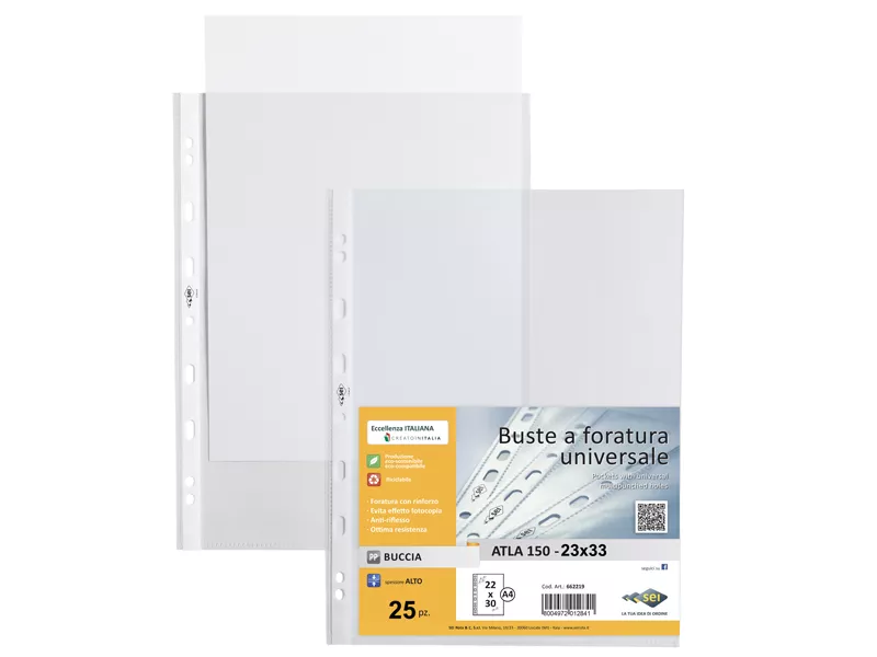 Busta a Perforazione Universale Atla 150 Sei Rota - 23x33 cm - Goffrata Alto Spessore - 662315 (Trasparente Conf. 25)