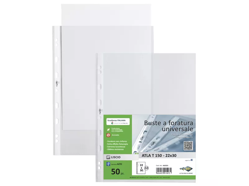 Busta a Perforazione Universale Atla T Sei Rota - 22x30 cm - Liscia Alto Spessore - 662221 (Trasparente Conf. 50)