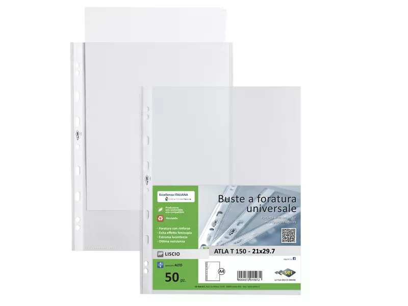 Busta a Perforazione Universale Atla T Sei Rota - 21x29,7 cm - Liscia Alto Spessore - 662120 (Trasparente Conf. 50)