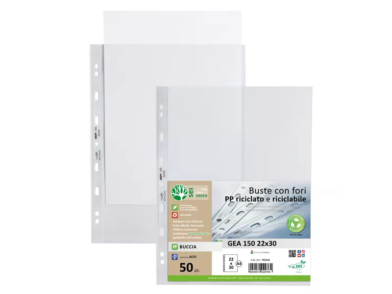 Busta a Perforazione Universale Gea 150 Sei Rota - 22x30 cm - Goffrata Alto Spessore - 702216 (Trasparente Conf. 50)