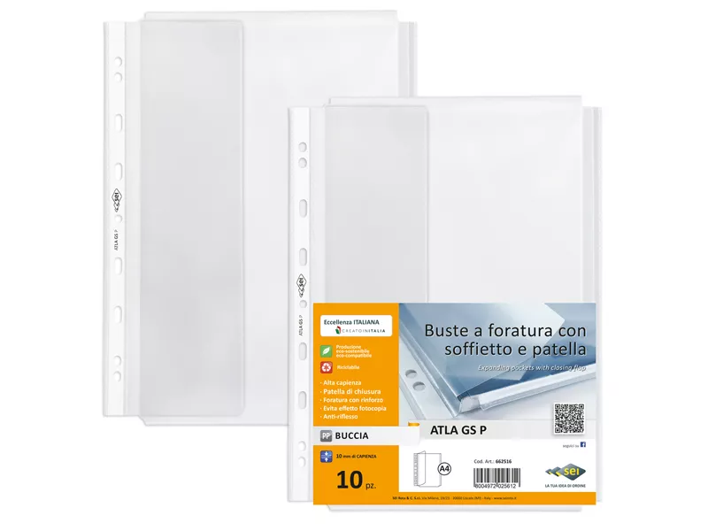 Busta a Perforazione Universale con Soffietto e Patella Atla GS P Sei Rota - 22x30 cm - 662516 (Trasparente Conf. 10)
