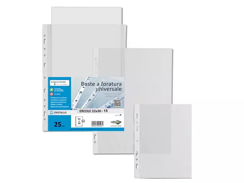 Busta a Perforazione Universale Ercole Sei Rota - 22x30 cm - Liscia - 502230 (Trasparente Conf. 25) Busta a Perforazione Universale Ercole Sei Rota - 22x30 cm - Liscia - 502230 (Trasparente Conf. 25)