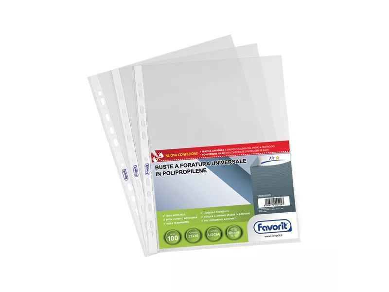 Busta a Perforazione Universale Favorit Air - 22x30 cm - Liscia Basso Spessore - 100460053 (Trasparente Conf. 100) Busta a Perforazione Universale Favorit Air - 22x30 cm - Liscia Basso Spessore - 100460053 (Trasparente Conf. 100)