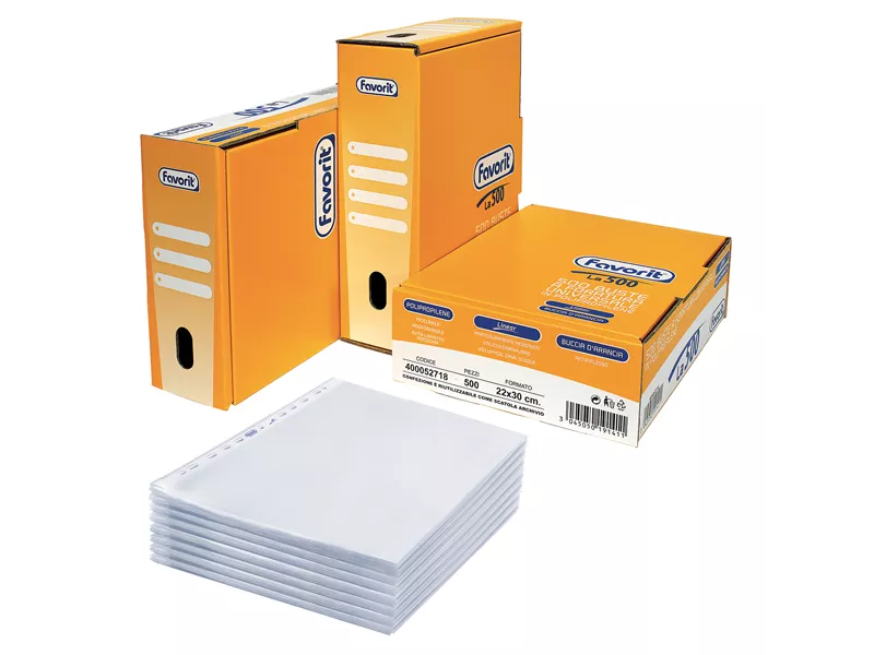 Busta a Perforazione Universale Linear Favorit - 22x30 cm - Goffrata Medio Spessore - 400052718 (Trasparente Conf. 500)