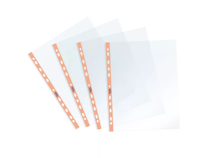 Busta a Perforazione Universale Pastel Favorit - 22x30 cm - Liscia - 400136866 (Trasparente Banda Arancio Conf. 25)