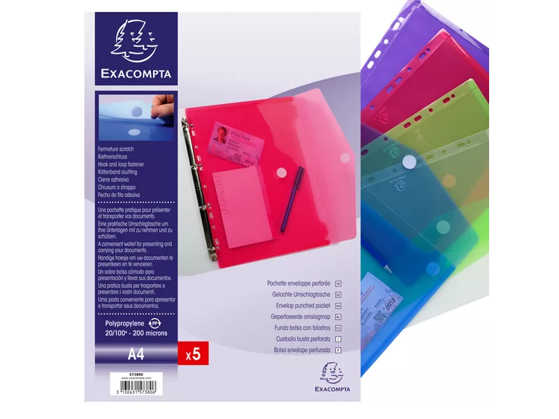 Busta a Perforazione Universale con Bottone in Velcro Exacompta - PPL - 24x32 cm - 57380E (Assortiti Trasparenti Conf. 5)