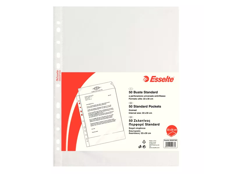 Busta a Perforazione Universale Copy Safe Esselte - Goffrata Basso Spessore - 22x30 cm - 395097300 (Trasparente Conf. 50)
