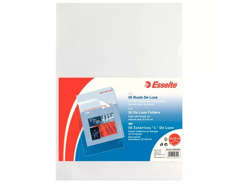 Cartellina a L Copy Safe Esselte - 22x30 cm - Deluxe PPL - 395084000 (Trasparente Antiriflesso Conf. 50) Cartellina a L Copy Safe Esselte - 22x30 cm - Deluxe PPL - 395084000 (Trasparente Antiriflesso Conf. 50)