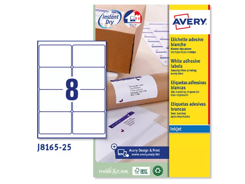 Etichette Adesive QuickDry Avery - A4 - 99,1x67,7 mm - J8165-25 (Bianco Conf. 25) Etichette Adesive QuickDry Avery - A4 - 99,1x67,7 mm - J8165-25 (Bianco Conf. 25)