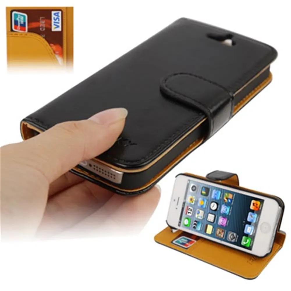 Cover Flip a Portafoglio in Ecopelle Carta di Credito per iPhone 5 5S (Nero)