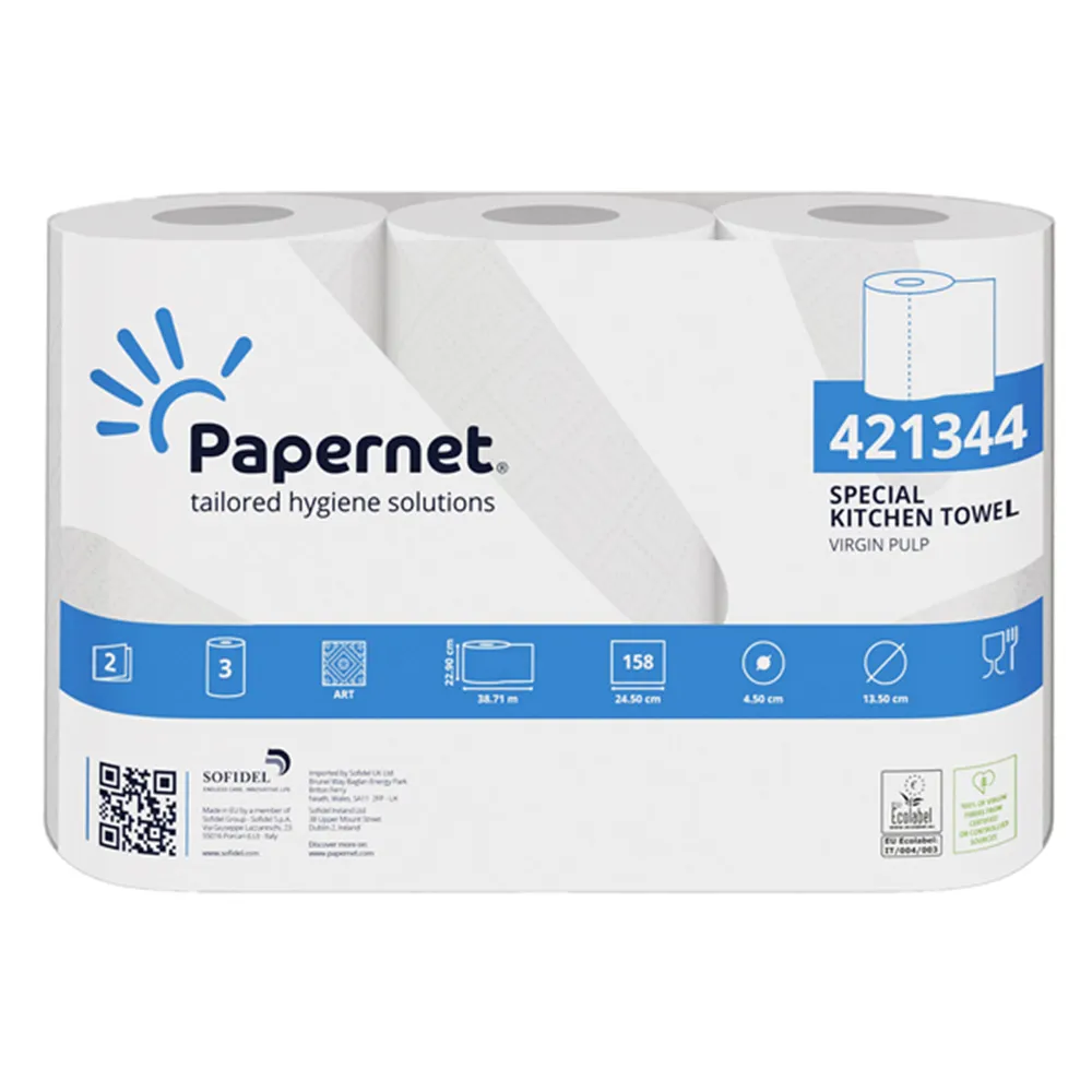 Bobina Asciugatutto Papernet - 2 Veli - 158 Strappi - 421344 (Bianco Conf. 3)