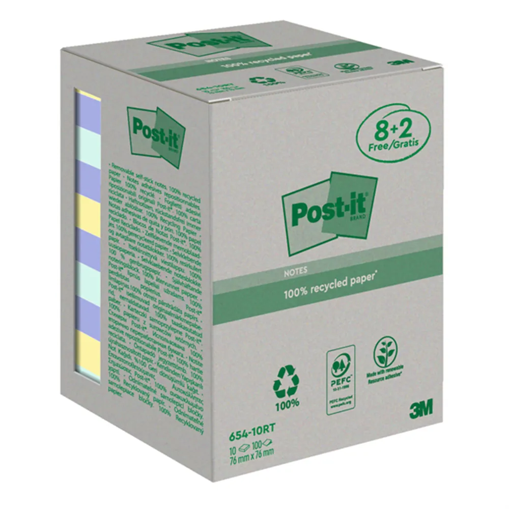 Post-it Notes Super Sticky Green 654-RCP10 3M - 76x76 mm - 7100172343 (Assortiti Pastello Conf. 10)