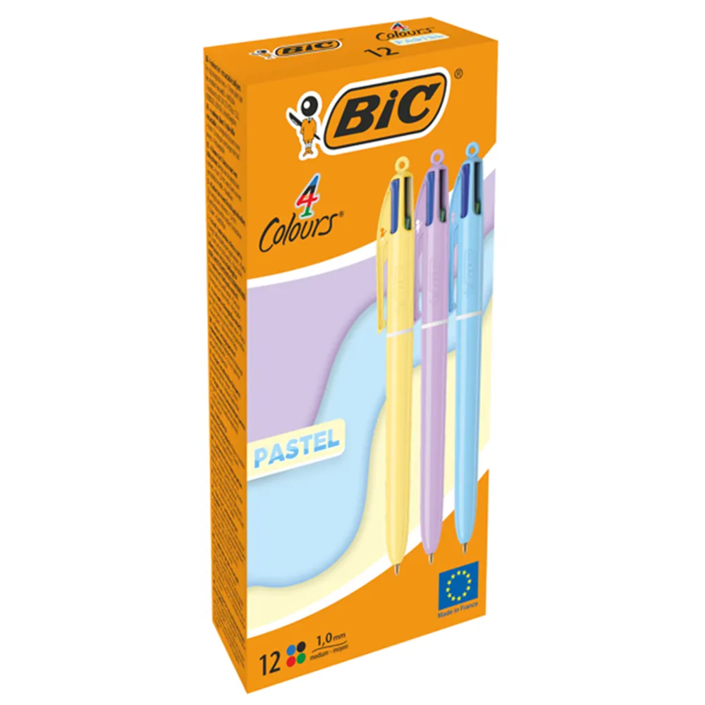 Penna a Sfera a Scatto 4 Pastel Bic - 1 mm - 517320 (Giallo, Rosa e Azzurro Conf. 12)