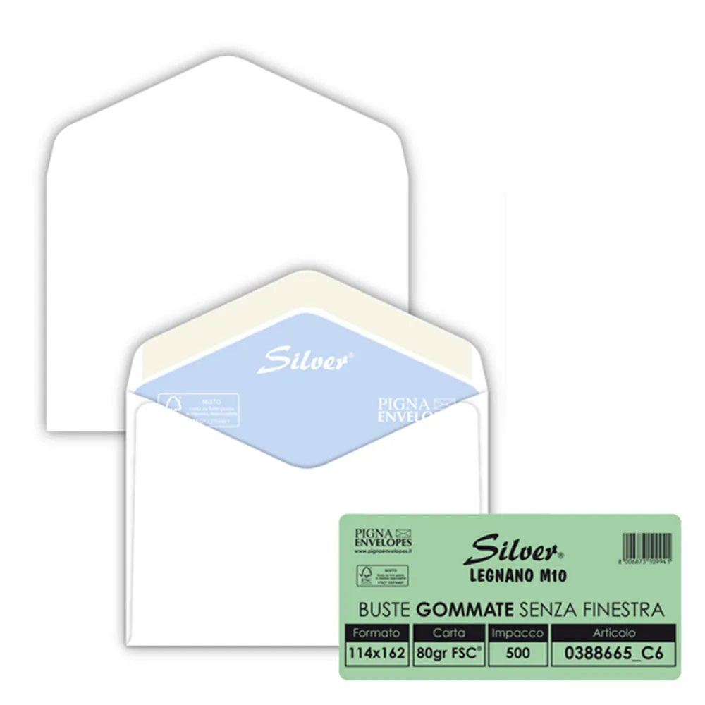 Buste Commerciali Silver FSC Pigna - 11,4x16,2 cm - Gommata Senza Finestra - 80 g - 0388665C6 (Bianco Conf. 500)