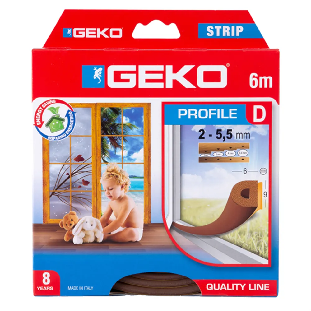 Guarnizione Adesiva per Isolamento Strip Geko - Profilo D - 6 m - 1000/64 (Marrone)
