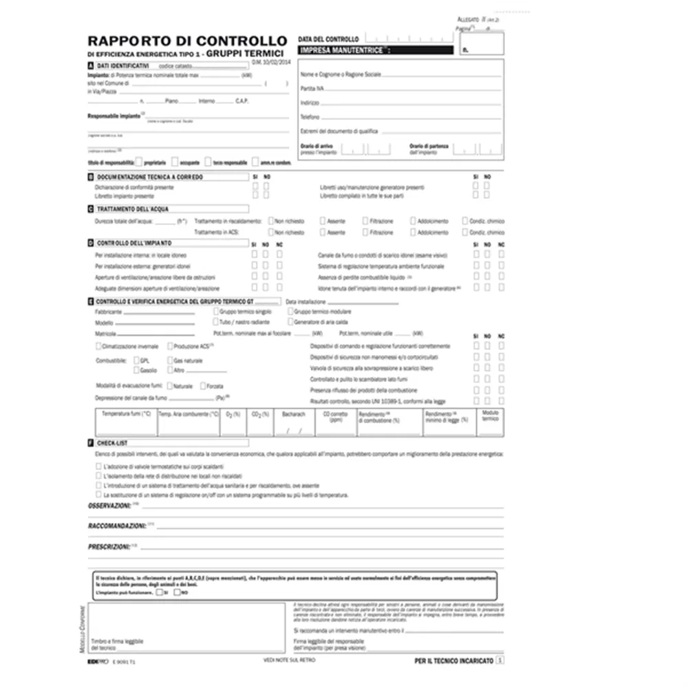 Rapporti di Controllo Efficienza Energetica T1 Edipro - 21x31 cm - 3 Copie Snap - 25 Pagine - E9091T1