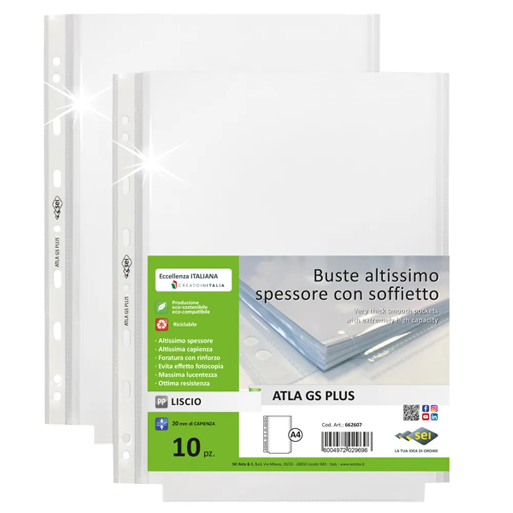 Busta a Perforazione Universale con Soffietto Atla GS Plus Sei Rota - 22x30 cm - Liscia Alto Spessore (Trasparente Conf. 10)