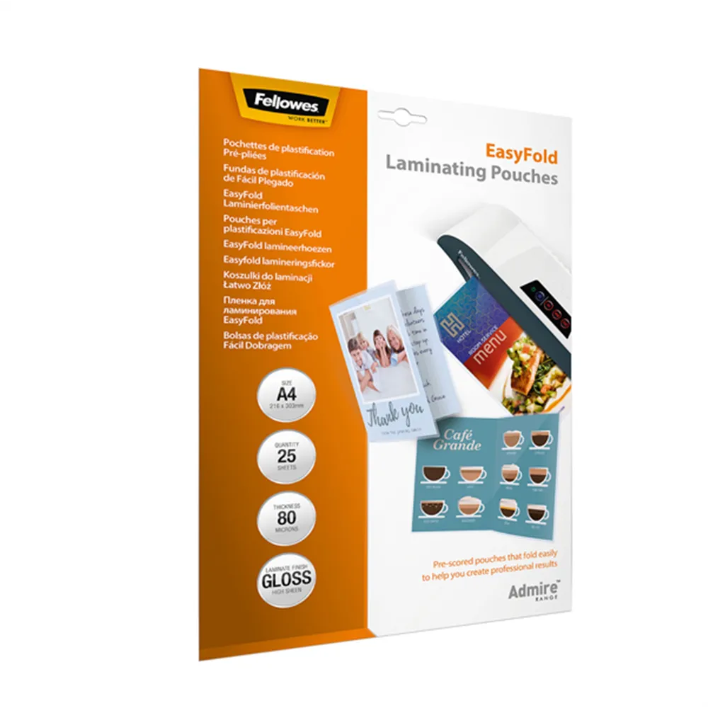 Pouches per Plastificatrici Admire Easyfold Fellowes - 303x216 mm Cordonata - 80 Micron - 5601901 (Trasparente Conf. 25)