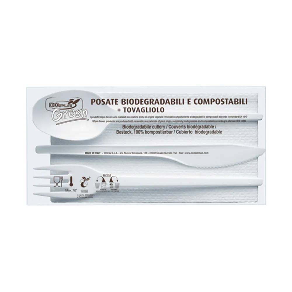 Set Forchetta Coltello e Cucchiaio Biodegradabile DOpla - con Tovagliolo - 03908 (Bianco Conf. 100)
