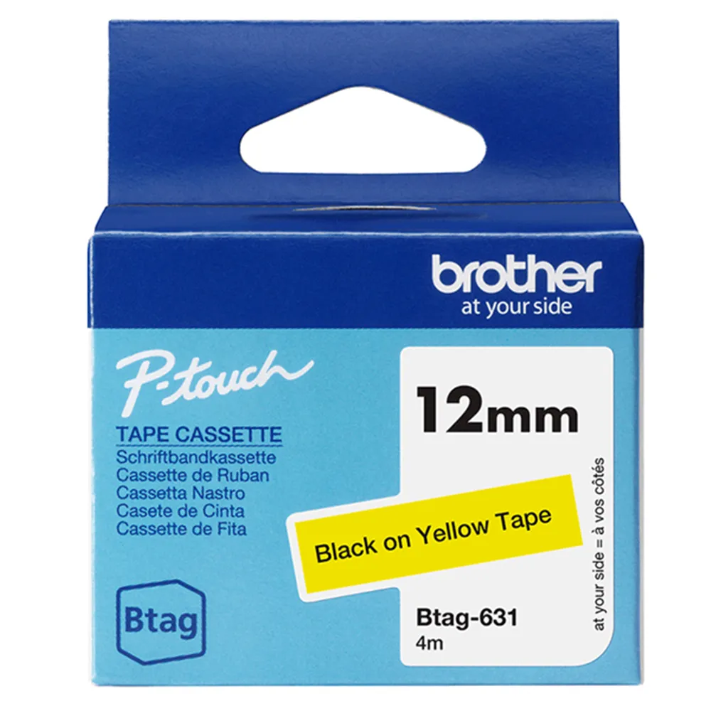 Nastro Originale Brother Btag-631 - 12 mm x 4 m - Non Laminato (Nero su Giallo)