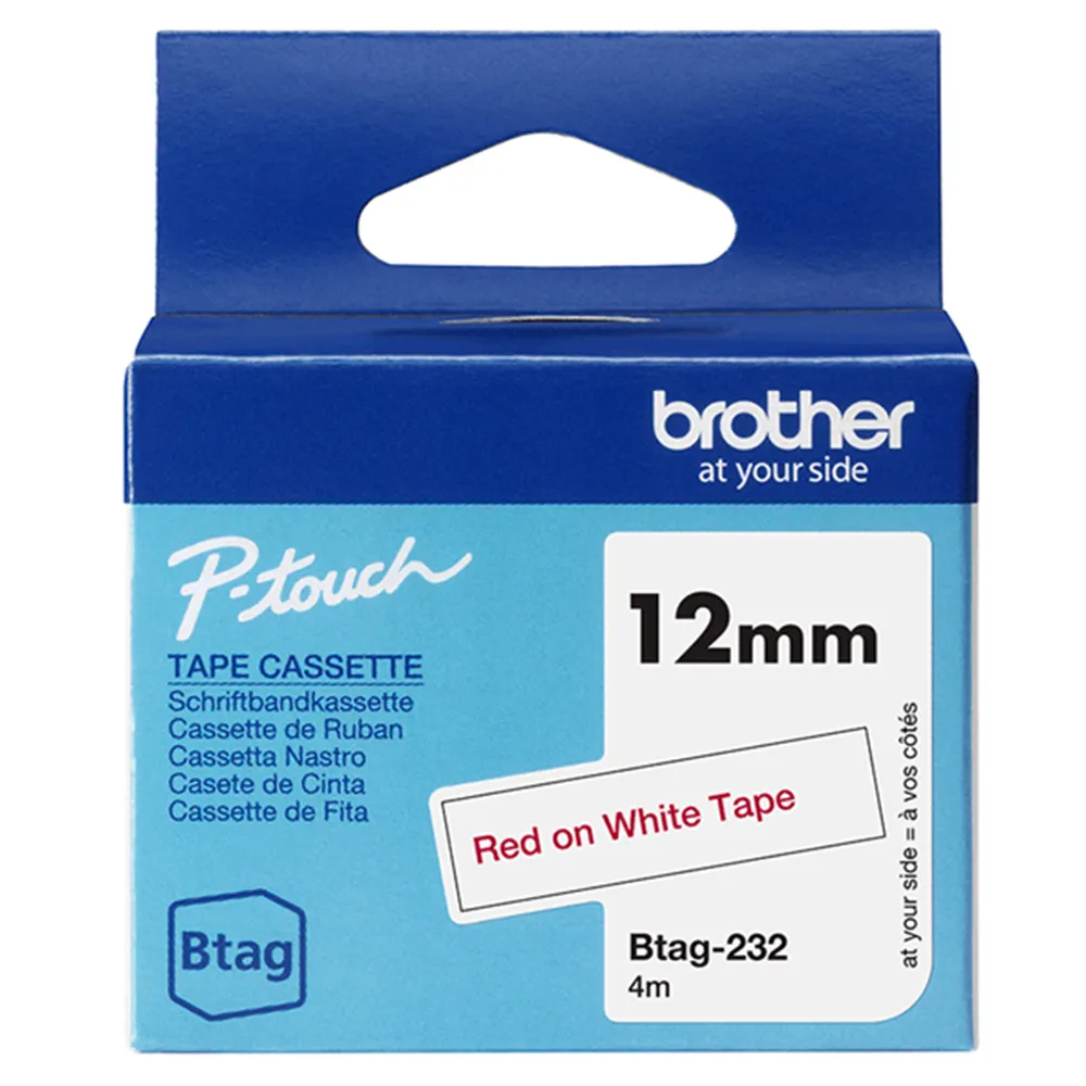 Nastro Originale Brother Btag-232 - 12 mm x 4 m - Non Laminato (Rosso su Bianco)