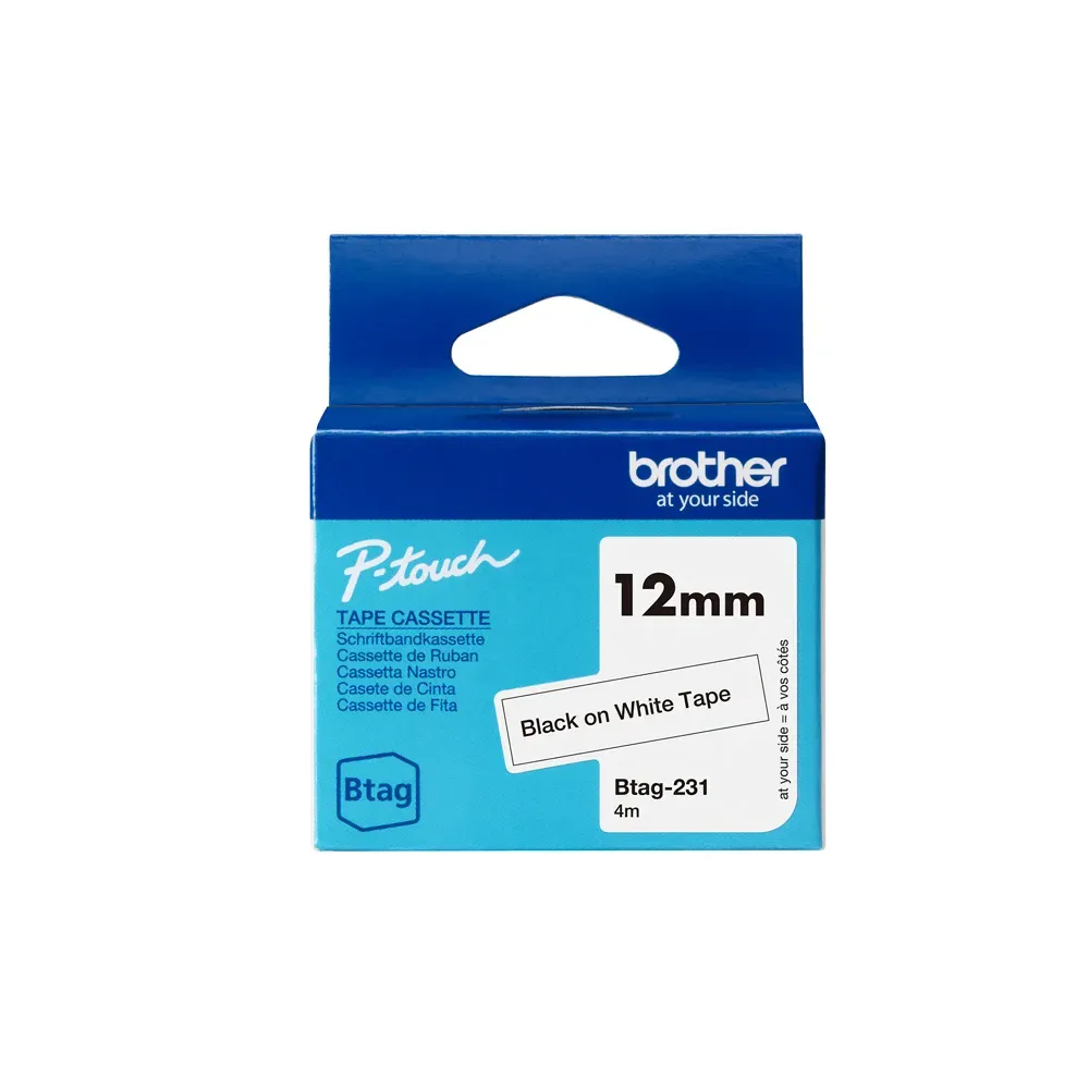 Nastro Originale Brother Btag-231 - 12 mm x 4 m - Non Laminato (Nero su Bianco)