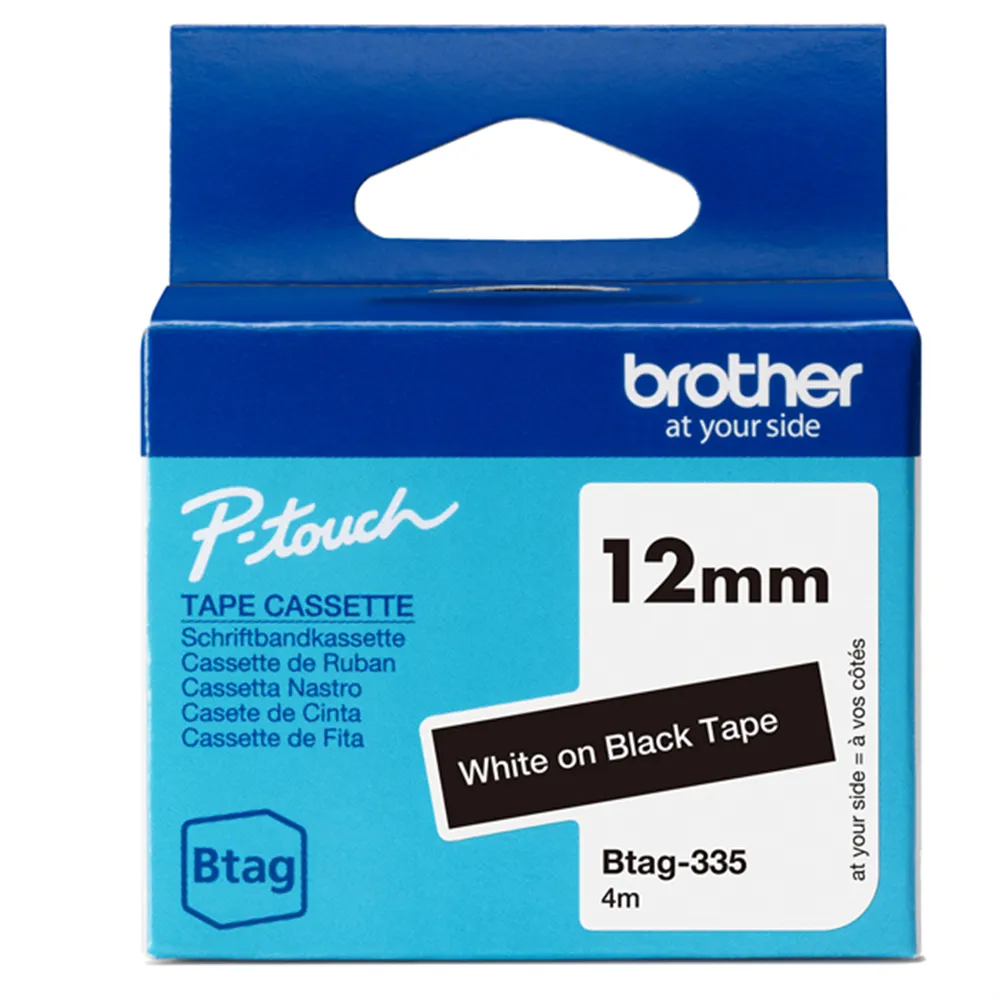Nastro Originale Brother Btag-335 - 12 mm x 4 m - Non Laminato (Bianco su Nero)