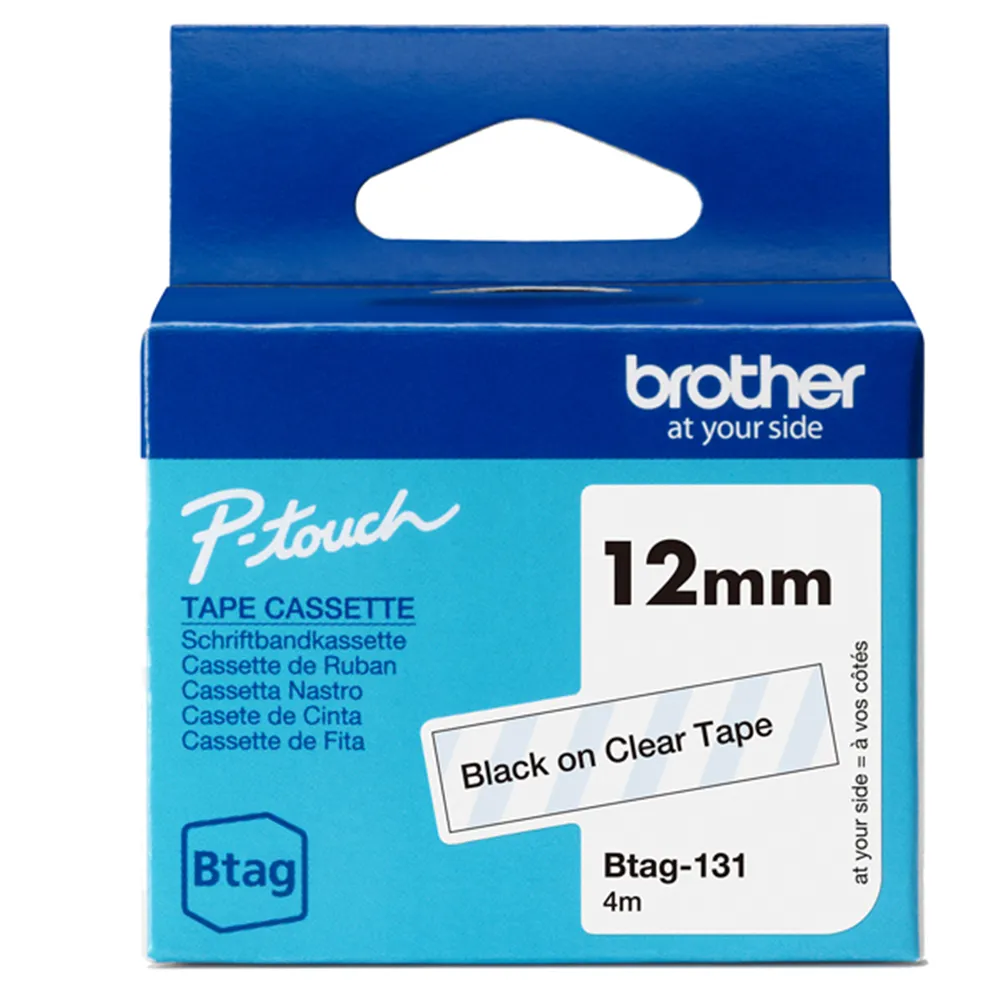 Nastro Originale Brother Btag-131 - 12 mm x 4 m - Non Laminato (Nero su Trasparente)