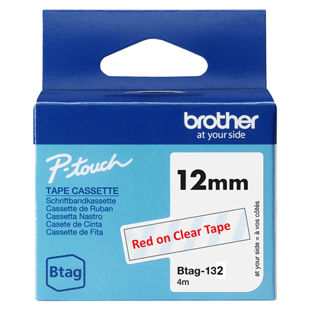 Nastro Originale Brother Btag-132 - 12 mm x 4 m - Non Laminato (Rosso su Trasparente)