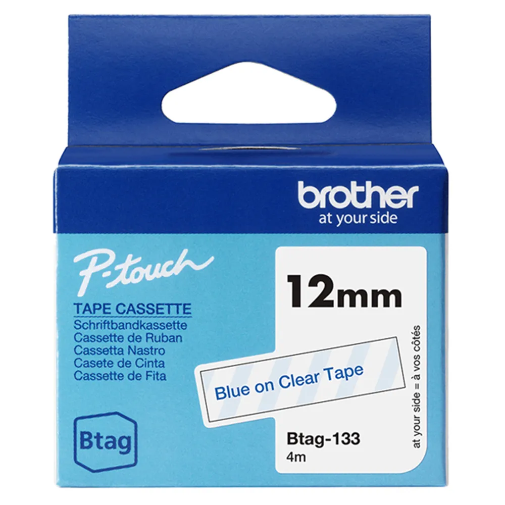 Nastro Originale Brother Btag-133 - 12 mm x 4 m - Non Laminato (Blu su Trasparente)