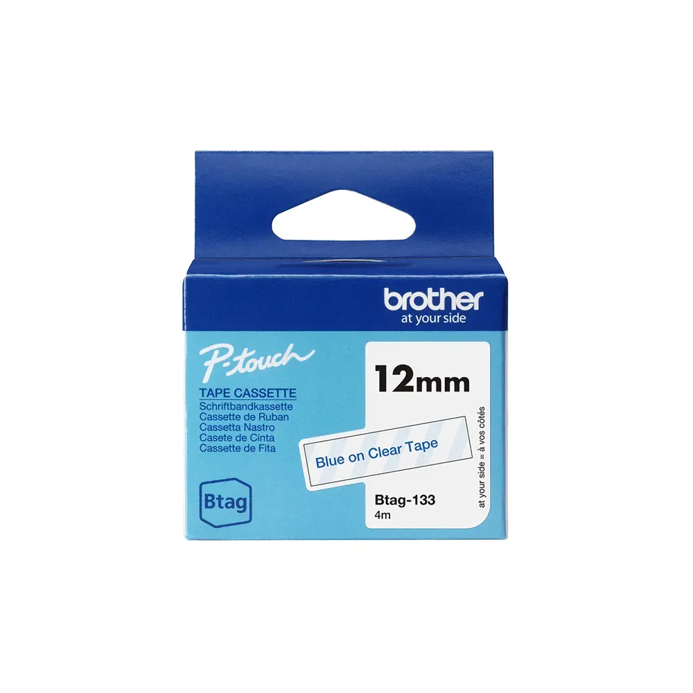 Nastro Originale Brother Btag-133 - 12 mm x 4 m - Non Laminato (Blu su Trasparente)