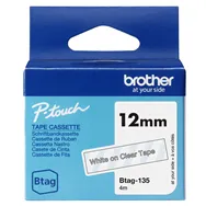 Nastro Originale Brother Btag-135 - 12 mm x 4 m - Non Laminato (Bianco su Trasparente)