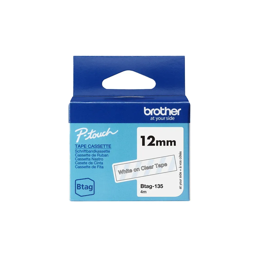 Nastro Originale Brother Btag-135 - 12 mm x 4 m - Non Laminato (Bianco su Trasparente)