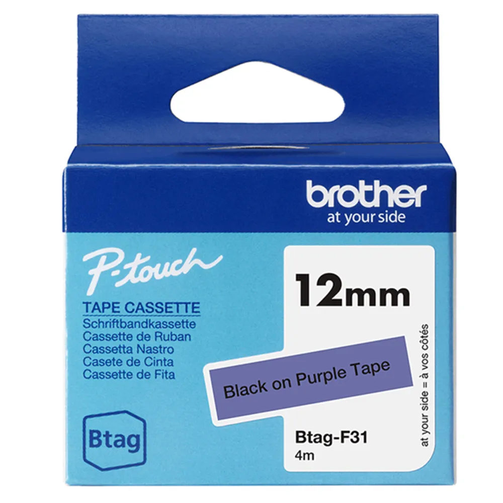 Nastro Originale Brother Btag-F31 - 12 mm x 4 m - Non Laminato (Nero su Viola)