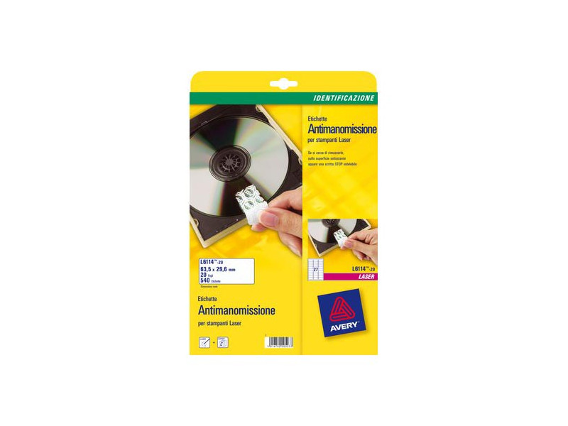 Etichette Adesive Anti-Manomissione Avery - 63,5x29,6 mm - L6114-20 (Bianco Conf. 20) Etichette Adesive Anti-Manomissione Avery - 63,5x29,6 mm - L6114-20 (Bianco Conf. 20)