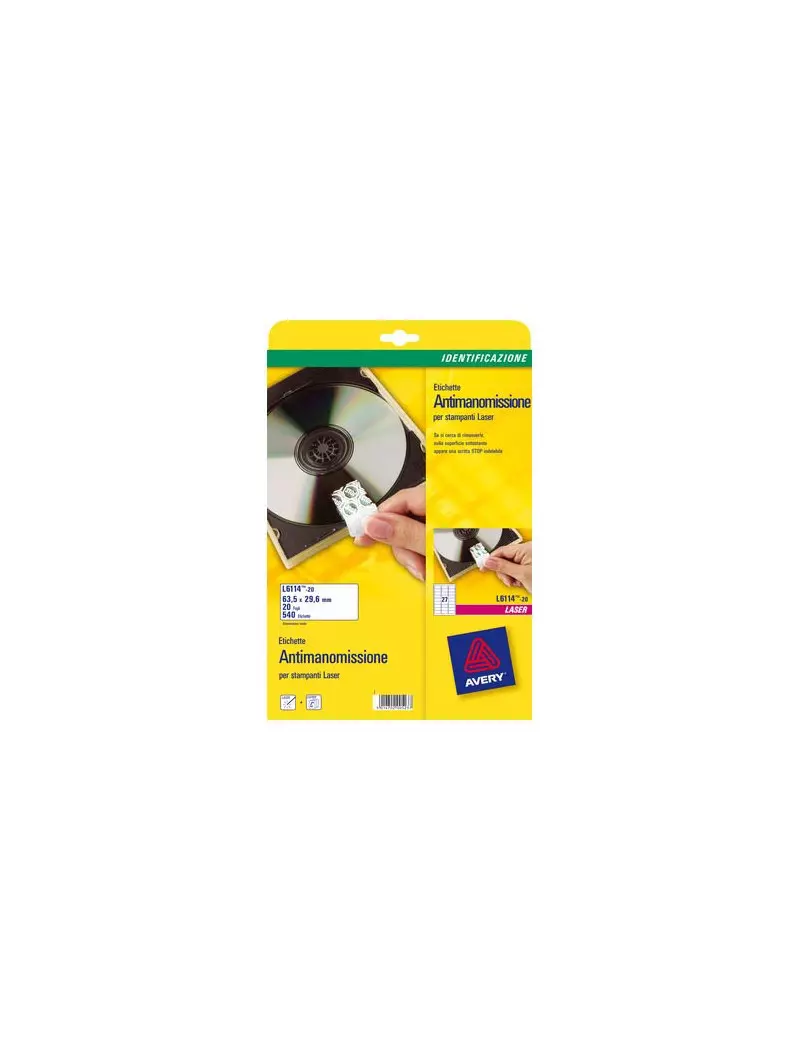 Etichette Adesive Anti-Manomissione Avery - 63,5x29,6 mm - L6114-20 (Bianco Conf. 20) Etichette Adesive Anti-Manomissione Avery - 63,5x29,6 mm - L6114-20 (Bianco Conf. 20)